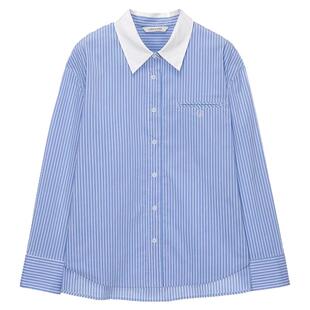 loeuvre条纹衬衫女宽松polo领撞色小绣标长袖衬衣休闲外套上衣