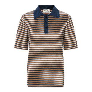 RECTO春季新款女士蓝/棕条纹休闲修身针织短袖POLO衫银泰百货