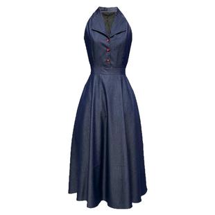 JUJU港风复古牛仔裙法式浪漫翻领削肩收腰大摆裙衬衫连衣裙女夏季