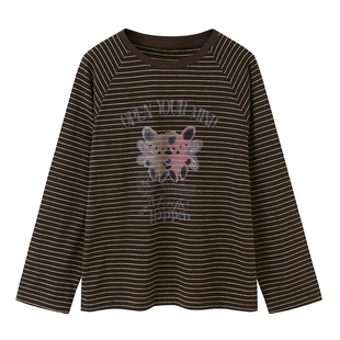 DIDDIMODA 两只小熊印花薄款条纹长袖T恤宽松打底衫早秋上衣