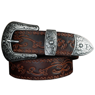 复古压花腰带男真皮裤带女潮纯牛皮雕花皮带针扣头三件套植鞣皮带