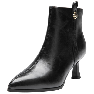 大东女鞋时装靴2025年冬季新款时尚尖头女短靴通勤侧拉链细跟通勤