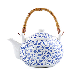 青花白瓷茶壶陶瓷大容量冷热水壶提梁泡茶壶1升中式饭店家用单壶