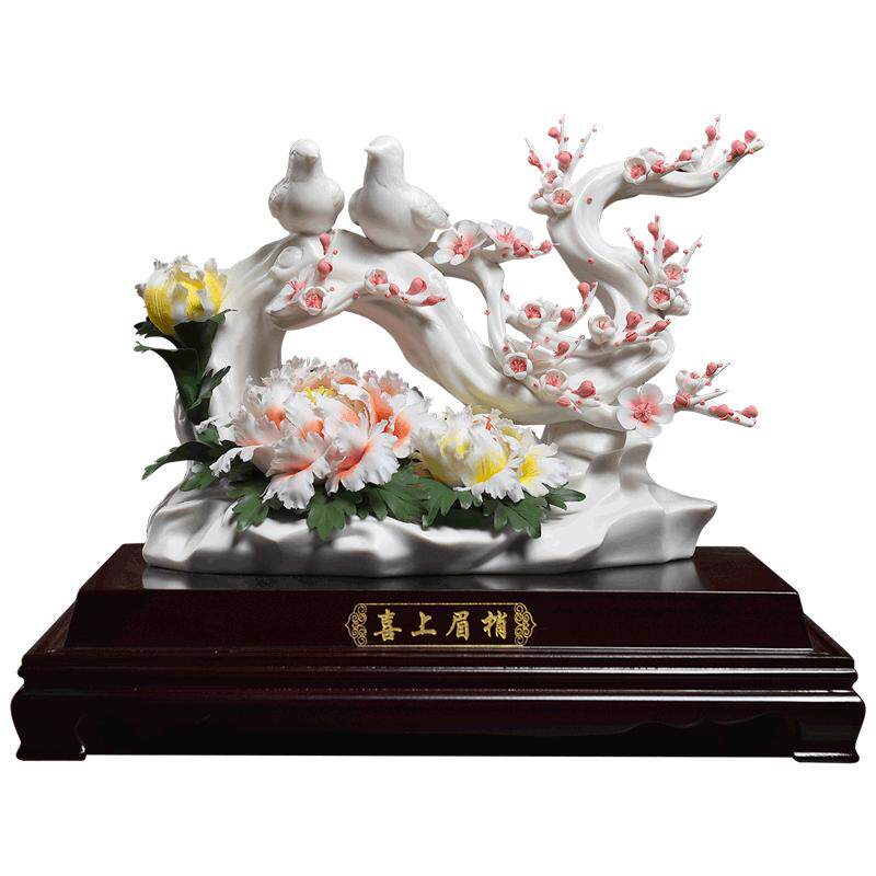 陶瓷喜上眉梢摆件可定制祝福语