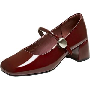 百思图25秋商场新款法式红色玛丽珍鞋粗跟浅口女单鞋婚鞋F2166CQ5