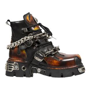 NEWROCK官方正品手工进口真皮定制火焰金属铁链朋克厚底短筒皮靴