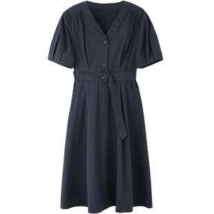 Mind Bridge夏季通勤气质连衣裙女士短袖中长款裙2026夏季V领裙子