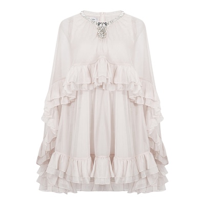 CEE CUBED官方授权25AW 米灰荷叶边手缝碎钻饰斗篷小礼裙