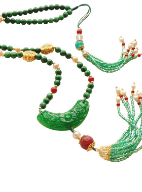 甄源色米珠流苏绿色玉石中式项链