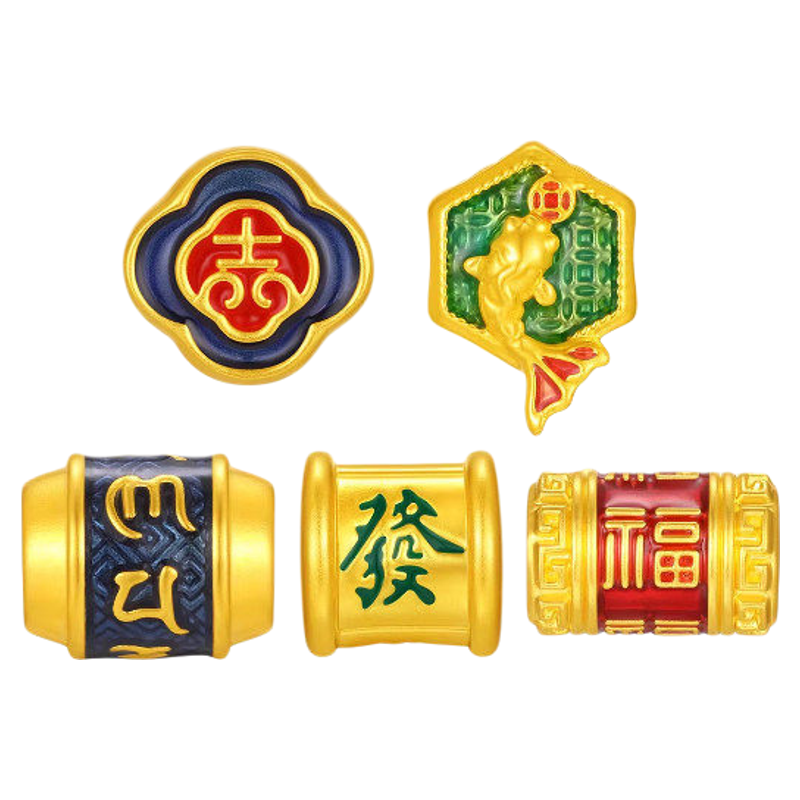 潮宏基国色足金转运珠黄金串珠5D硬金鎏彩锦鲤六字真言发财礼物