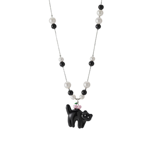 SUMIYAKI 黑色小猫珍珠项链小众设计感抽拉黑白毛衣链女