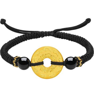 周六福黄金手链男定价足金祥云纹平安扣玛瑙黑色手绳编织礼物官方