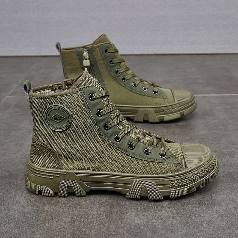 3522劳保鞋男高帮侧拉链厚底耐磨防滑户外登山鞋加绒保暖工地棉鞋