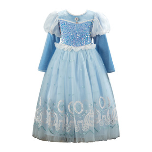 女童公主裙灰姑娘秋冬季新款爱莎大童女孩艾莎儿童礼服连衣裙子