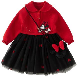 迪士尼IP戴维贝拉女童连衣裙秋冬装儿童加绒网纱裙宝宝新年裙子