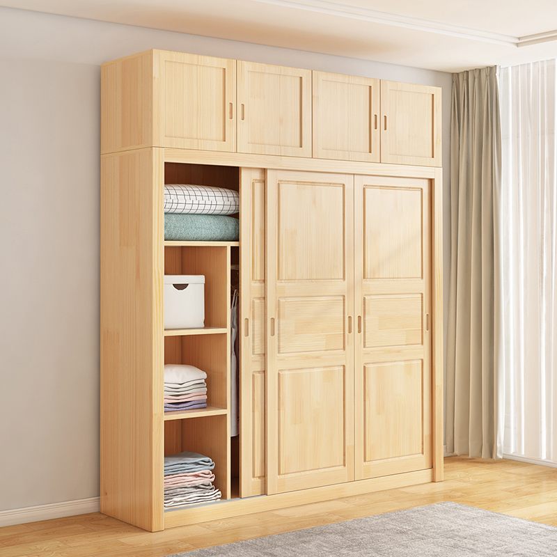 全实木衣柜家用卧室推拉门原木移门柜子儿童出租房用收纳松木衣橱