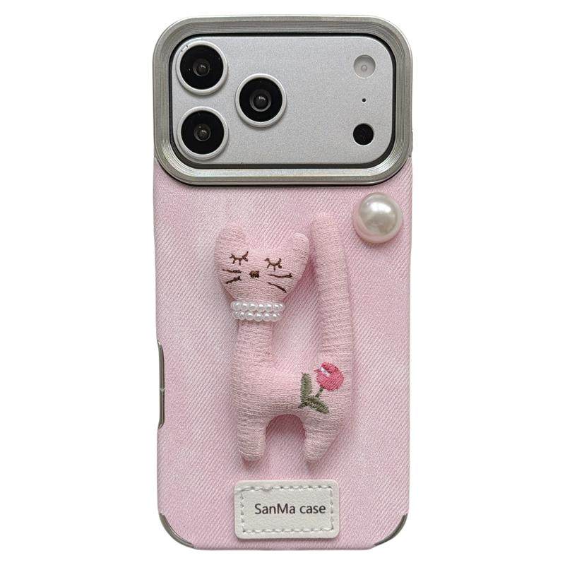 jze 秋冬立体可爱珍珠粉猫公仔适用苹果17ProMax手机壳iphone15新款16pro女13毛绒挂绳15pro全包防摔保护套14