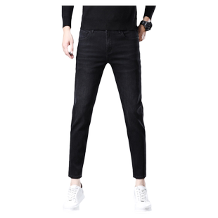 高端加绒九分牛仔裤男秋冬新款韩版修身小脚弹力黑色男士保暖长裤