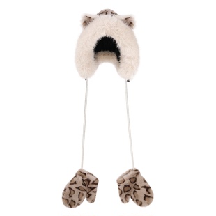 IIING帽控 复古豹纹手套帽子一体保暖可爱猫耳朵毛绒护耳帽女冬季