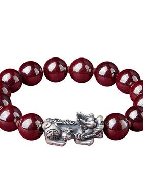 原矿朱砂手串足银貔貅天然紫金砂