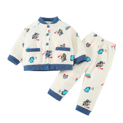 儿童三层夹棉睡衣冬季男童加厚保暖家居服宝宝加绒睡衣套装男孩冬