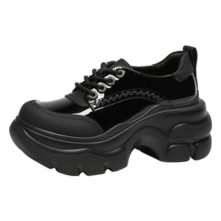 MILLIE'S/妙丽黑色厚底小皮鞋女款小个子户外休闲鞋新款增高乐福