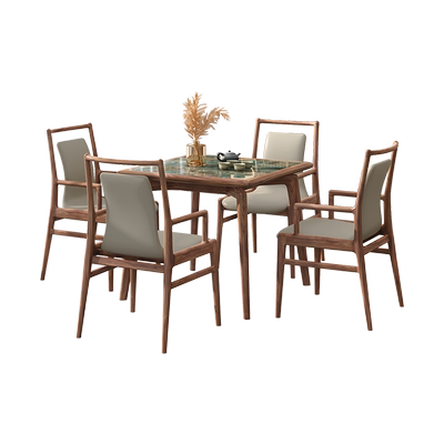 新中式黑胡桃木岩板正方形餐桌