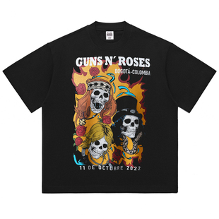 热石HotStone重磅摇滚T恤Guns N' Roses枪炮与玫瑰乐队短袖骷髅