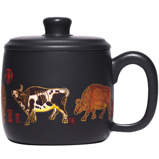 陶灵高端泥绘老师陶岭张小岭紫砂杯五牛图泡茶杯子宜兴茶具盖杯
