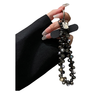 黑色水晶手机链挂链高级感新款手工手腕带串珠轻奢手链配件挂件高端钥匙链条挂绳珠链短款挂坠女垫片挂饰壳绳