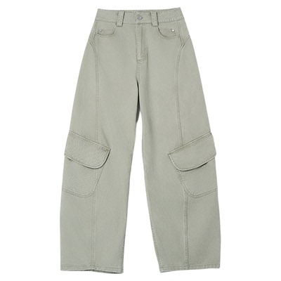 ALL BEINGS25SS春秋新款纯棉百搭休闲浅豆绿洗水弯刀工装休闲裤女