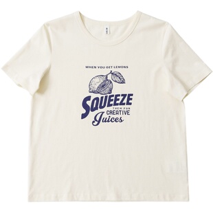 然若 米色法式复古柠檬图案印花短袖T恤女2025新款纯棉上衣