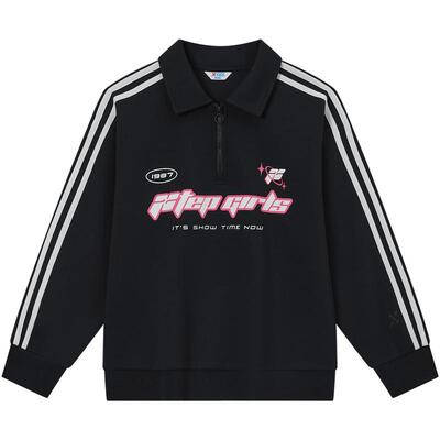 特步童装女童卫衣春秋新款甜酷大童印花运动条纹套头儿童翻领上衣