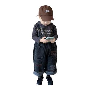 2026春季童装新款儿童韩版男童长袖连帽卫衣打底衫男宝牛仔背带裤