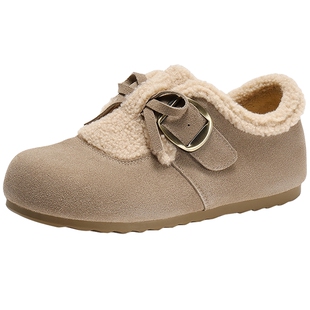 森达雪兔毛毛勃肯鞋冬新加绒棉鞋雪地靴女25年牛皮保暖增高土豆靴