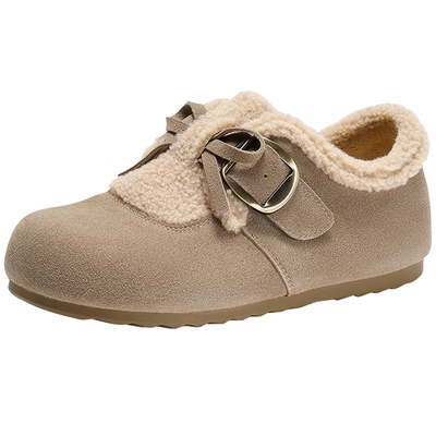 森达雪兔加绒牛皮保暖毛毛靴