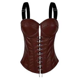 PU皮绑带拉链宽肩带外穿鱼骨胸衣背心吊带抹胸短款上衣性感辣妹风