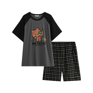 芬腾布朗熊男士短袖睡衣夏季纯棉薄款透气凉感套装青年男款家居服