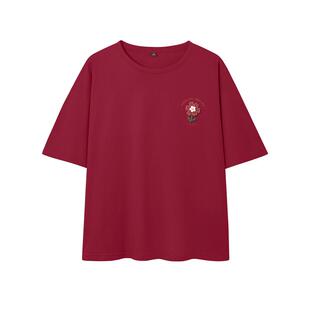 班尼路S&K系列红色纯棉宽松T恤女夏季新款正肩圆领休闲短袖上衣Q