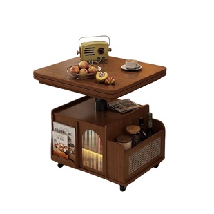 中古风沙发边几可移动小推车客厅升降多功能实木茶几储物置物家用