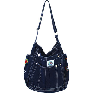 美式复古 刺绣牛仔包水洗做旧帆布包 小众高街潮酷大容量女斜挎包