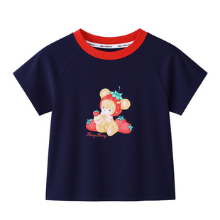 BarryBanny女童撞色领小熊短袖T恤2026夏季新款儿童修身百搭上衣