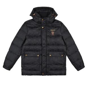 雷迪波尔旗下品牌古劳吉那诺男装满身印花可脱卸帽鸭绒羽绒服外套