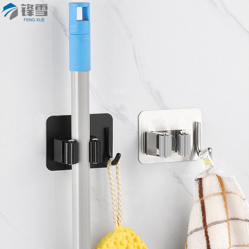 304不锈钢拖把架挂钩免打孔卫生间扫把架固定拖布夹壁挂拉丝黑色