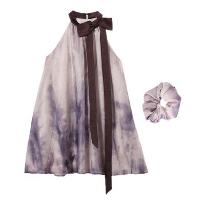 西町村屋晕染蝴蝶结飘带连衣裙女夏季新款气质无袖裙子XAAB10250