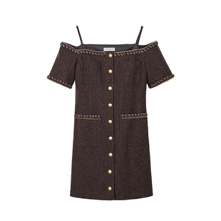 DIANAVEVINA秋冬新款小香风一字肩吊带连衣裙女短款修身显瘦