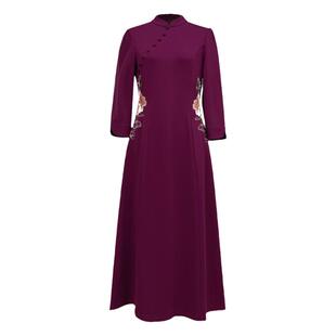 浒城古娘新款刺绣气质优雅立领长袖收腰新中式国风连衣裙女春秋