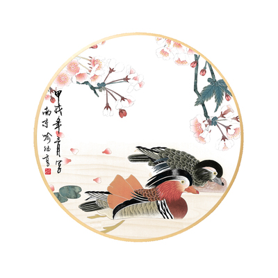 鸳鸯戏水卧室床头圆形挂画
