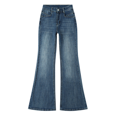 复古蓝弹力高腰微喇拖地牛仔长裤