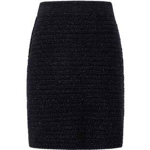 XG雪歌黑色通勤中长款半身裙时尚冬季新款小香风绵羊毛包臀裙女装